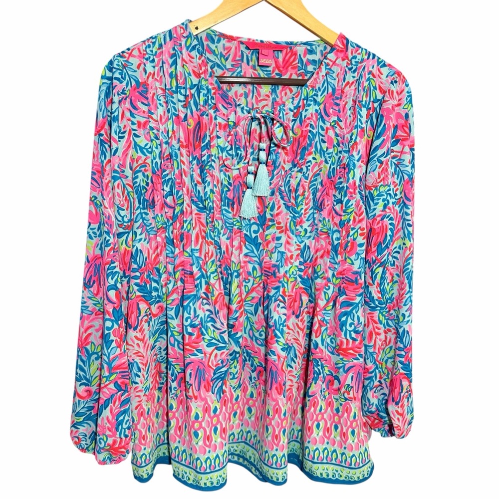Lilly Pulitzer Turquoise Pink Floral Tassel Peasant Blouse - Picture 2 of 8